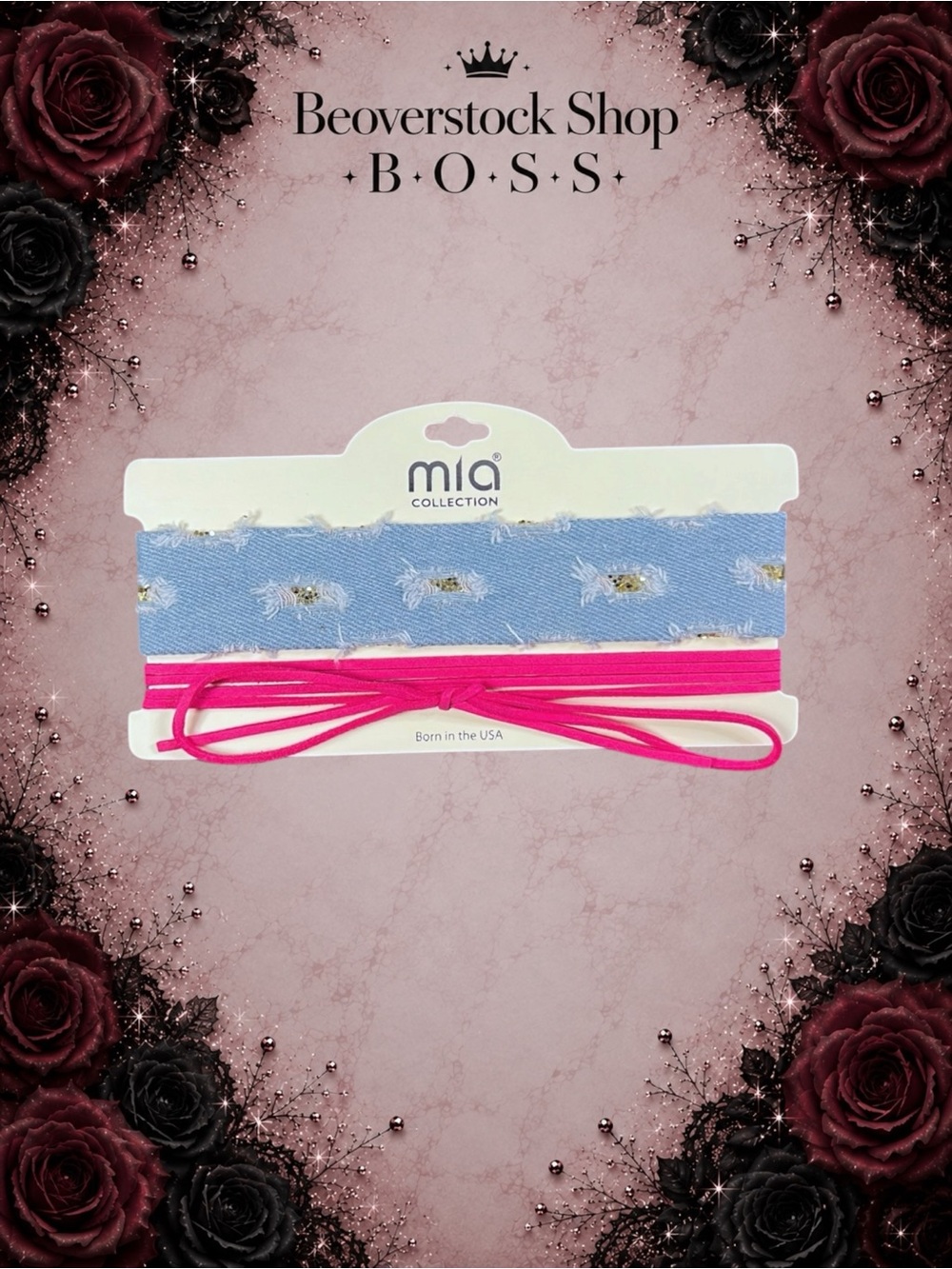 NEW NWT MIA Collection Denim & Pink Wrap Choker Necklace Set